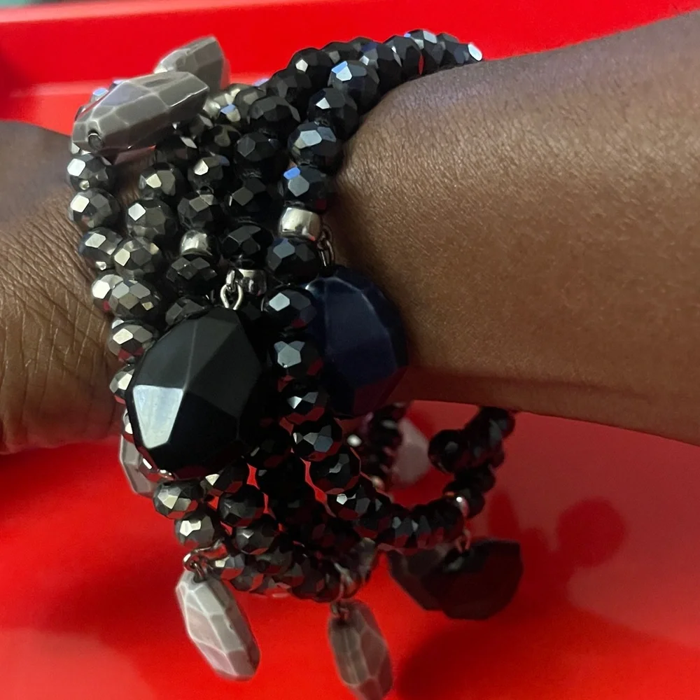 SASSY JONES Malia Black and Gray Beaded Wraparound Bracelet/Stack - Picture 2 of 4